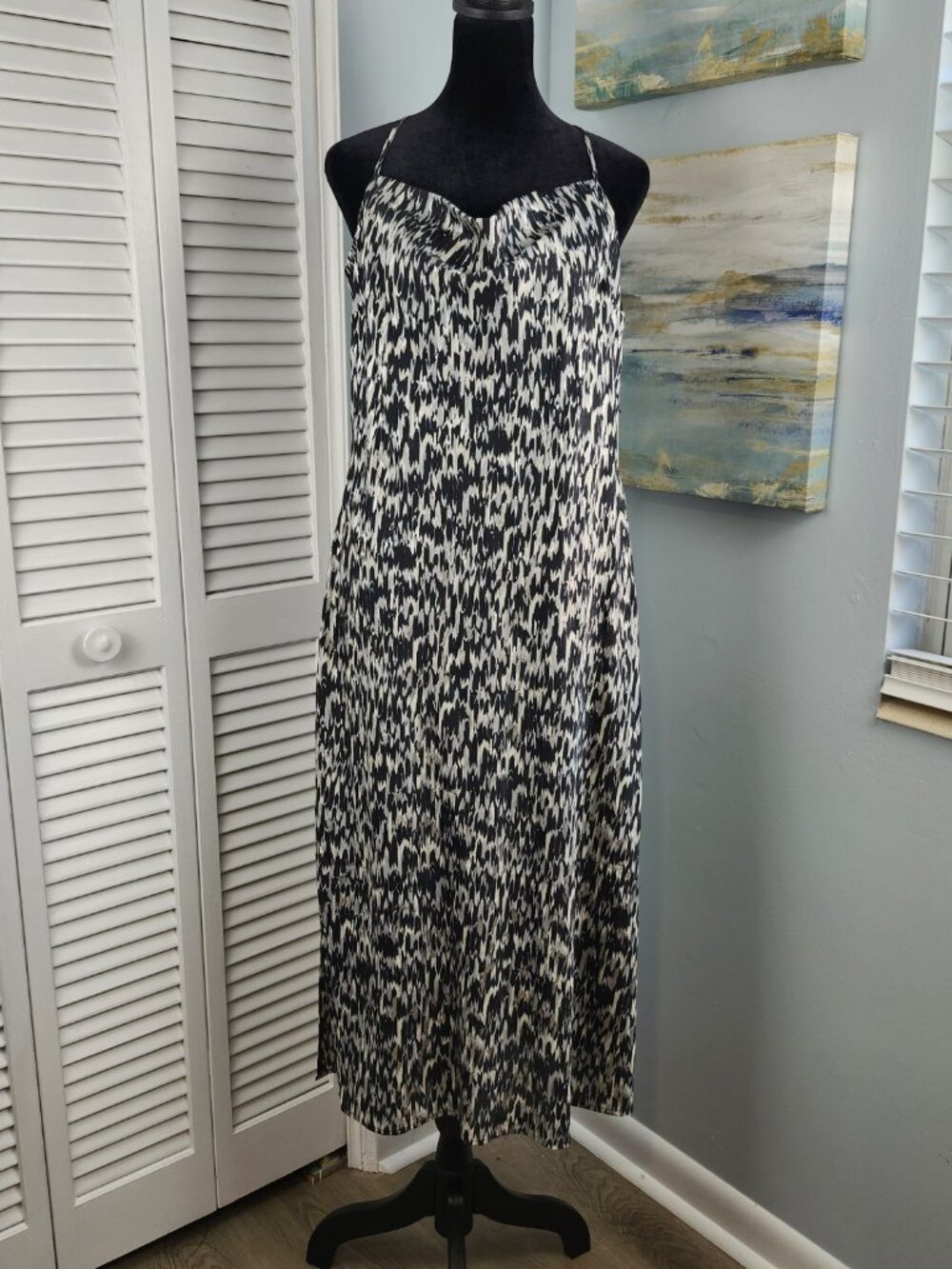 Express Satin Slip Dress L NWT Black Multi Midi Maxi Cocktail Wedding Sundress